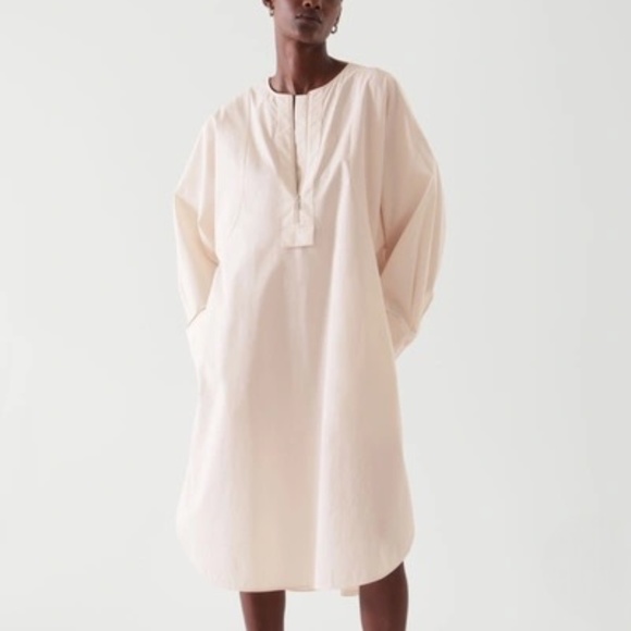 Cos Oversized A-Line Shirt Dress Size 2 Light Beige Cotton Exposed Zip Neck NWT - Picture 1 of 12